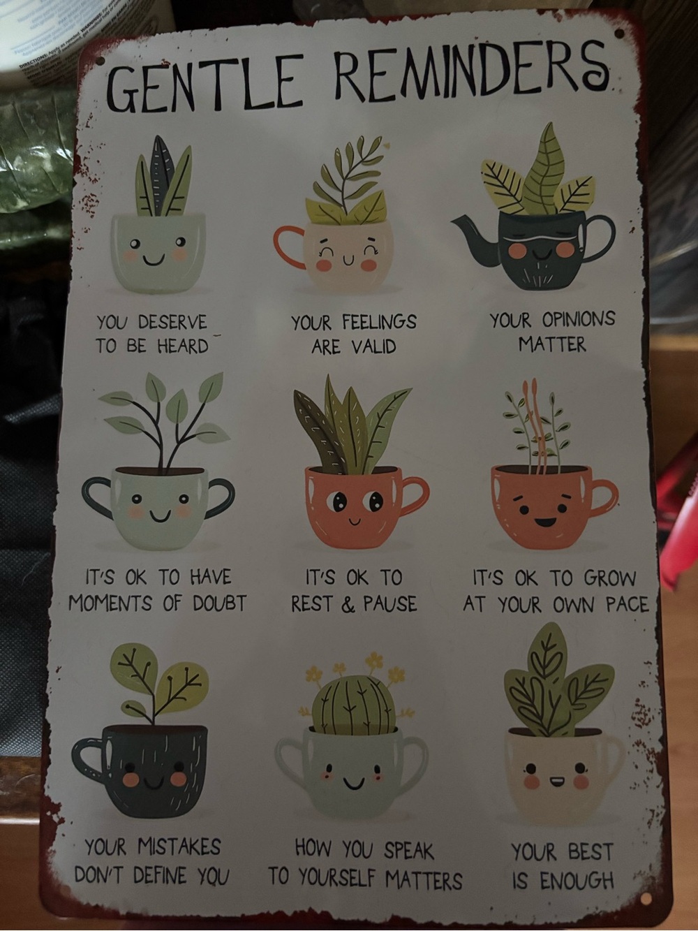 Gentle Reminders Decorative Plant Poster - Cute Mug Planters metal/tin